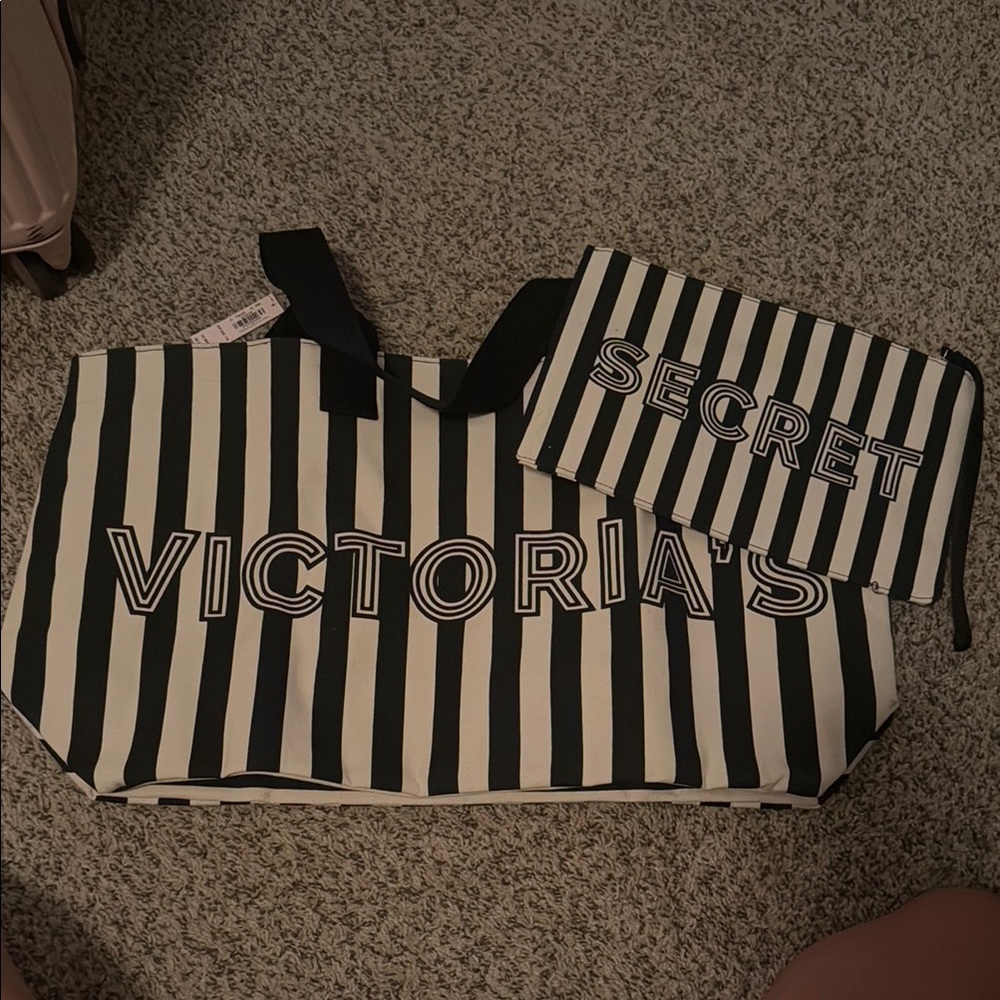 Victoria's Secret Black and White Striped Tote with Pouch